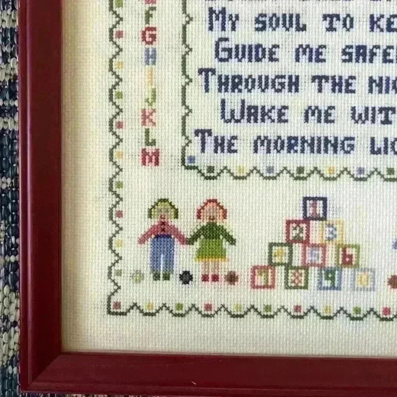 Vintage Now I Lay Me Down To Sleep Framed Cross Stitch nursery rhyme 12 x 15 - Picture 5 of 6